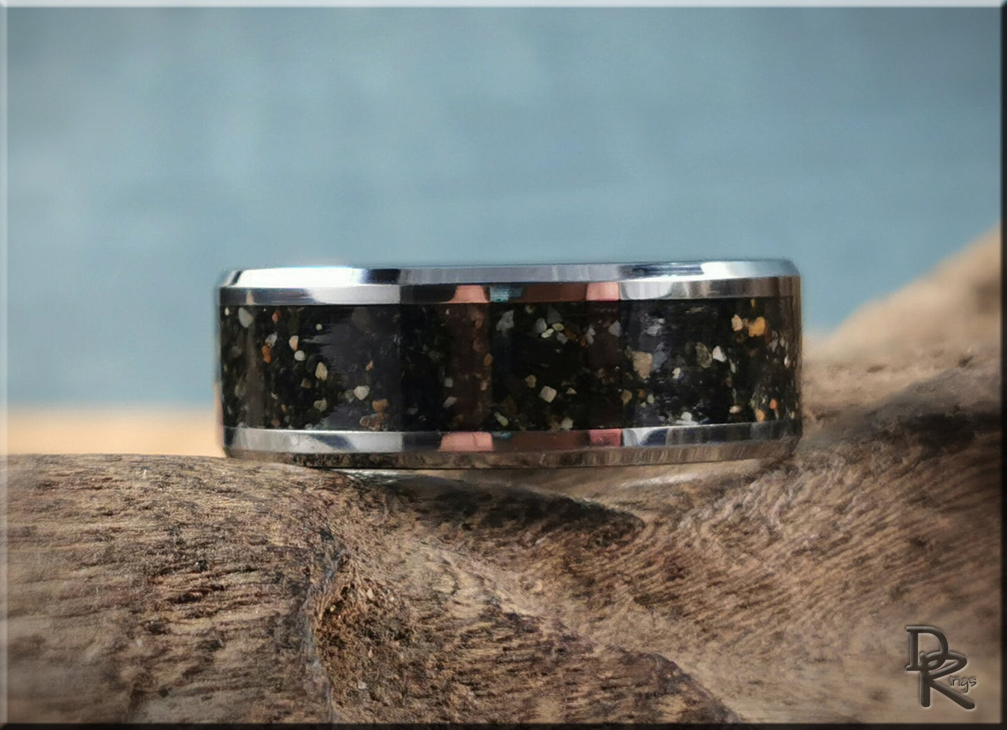 Tungsten Carbide Channel Ring w/Fuertaventura Volcanic Sand inlay - metal ring