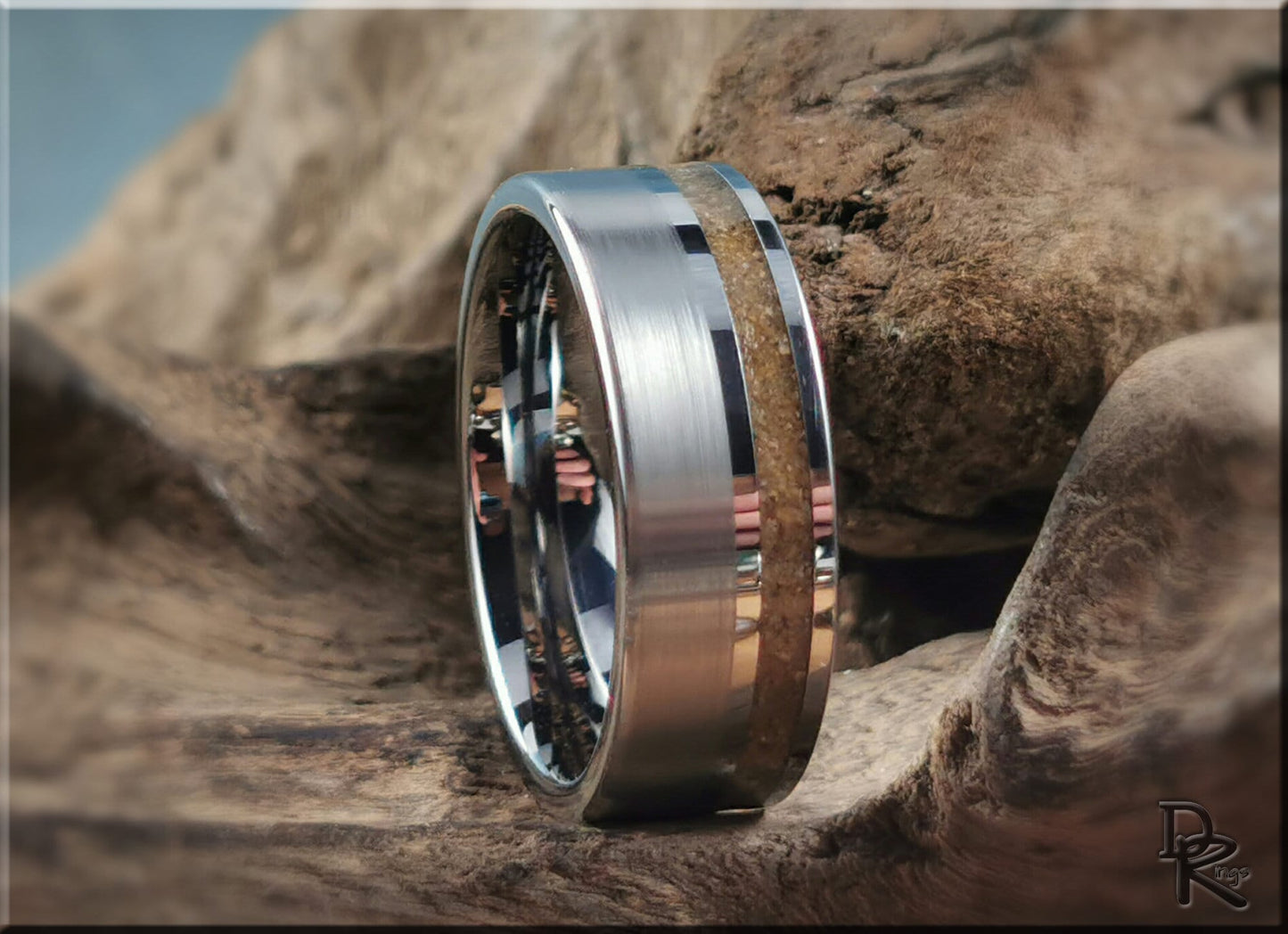 Tungsten Carbide Channel Ring w/offset Great Sand Sea Sand inlay - metal ring