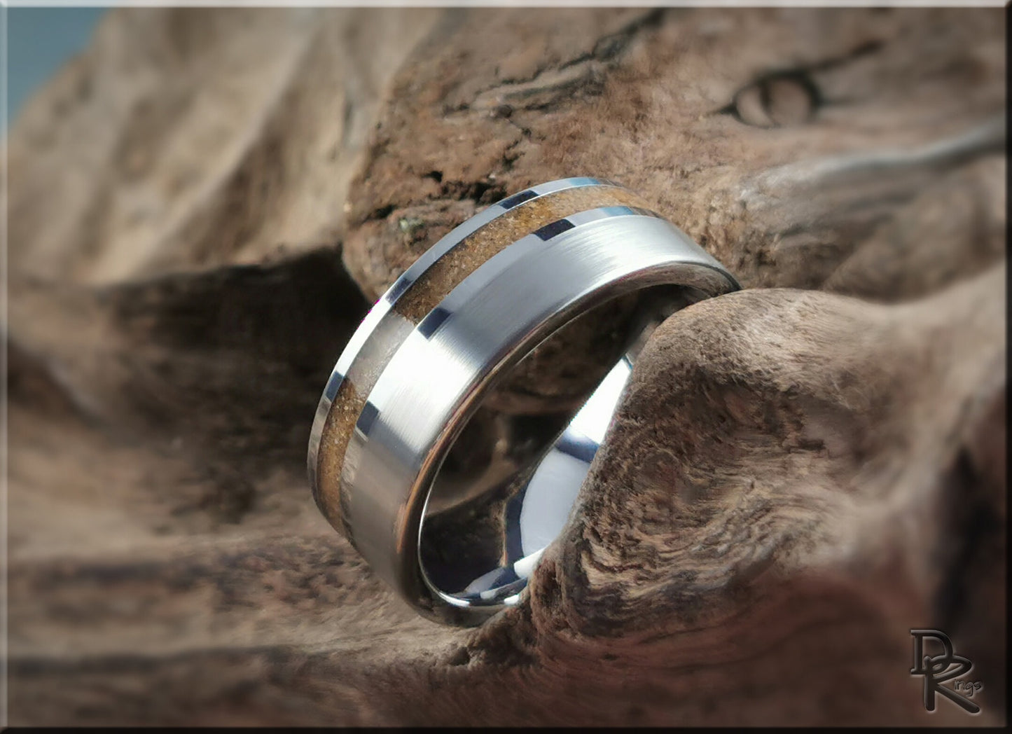 Tungsten Carbide Channel Ring w/offset Great Sand Sea Sand inlay - metal ring