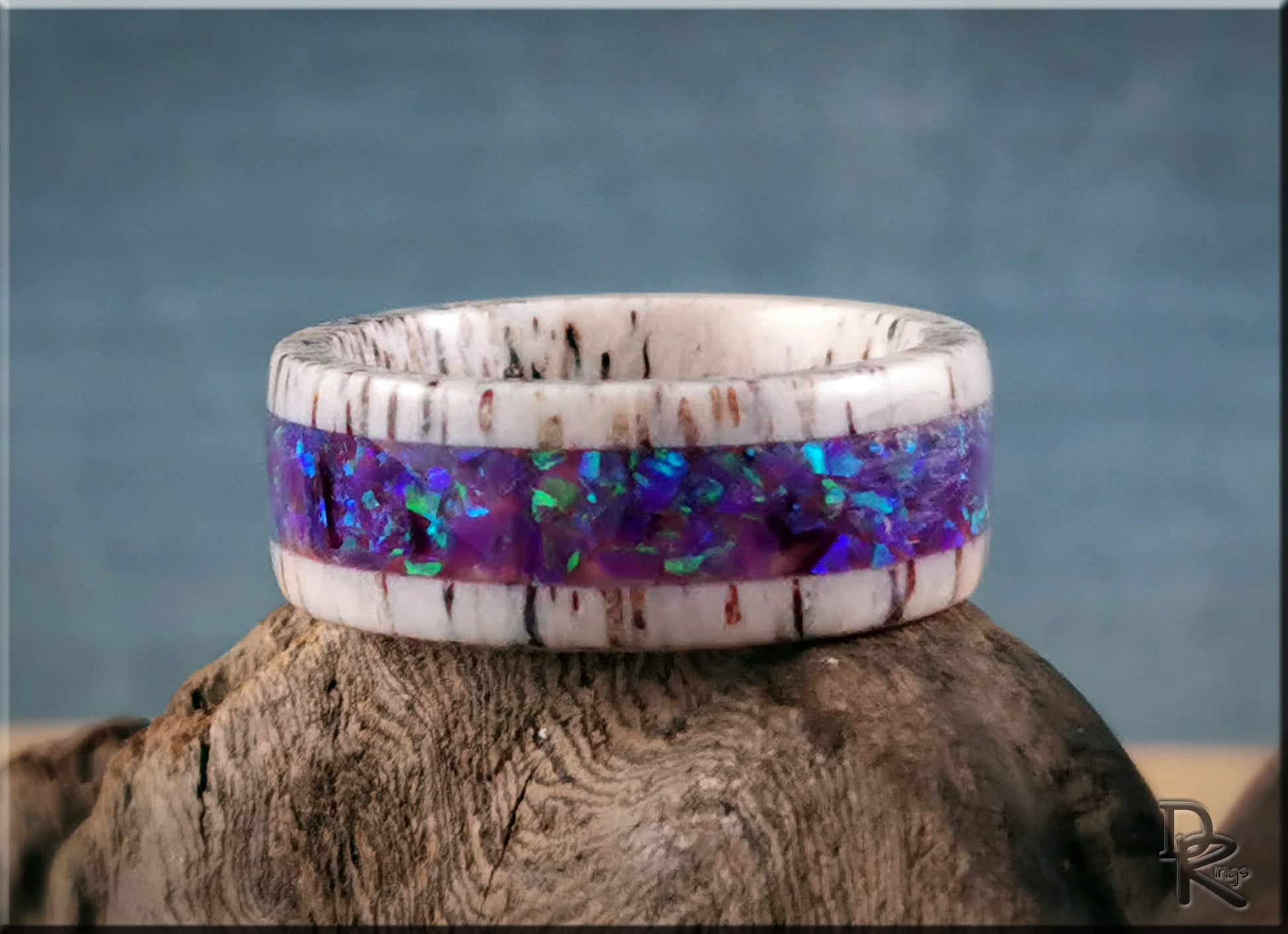 Deer Antler Channel Ring w/Opal inlay - antler ring