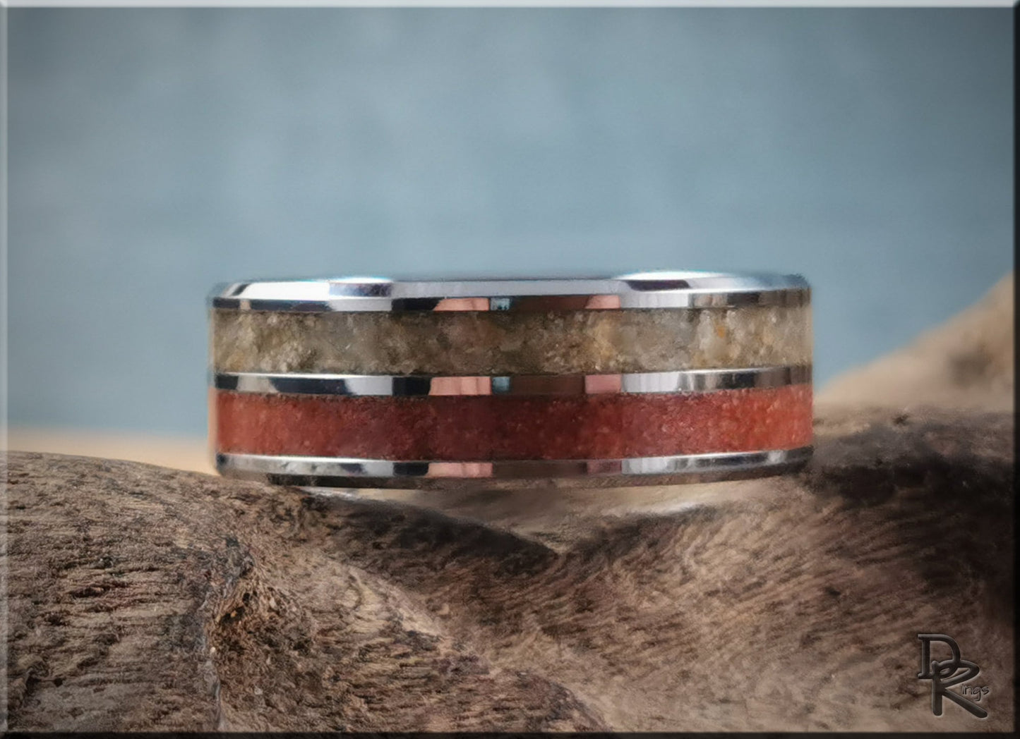 Tungsten Carbide 8mm Dual-Channel Ring with Exotic Fort Kochi and Gilf Kebir Sand inlays - metal ring