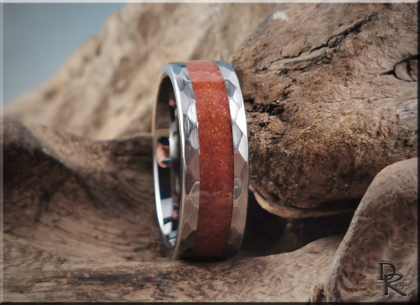 Hammered Tungsten Carbide Ring with exotic Gilf Kebir Sand inlay - metal ring