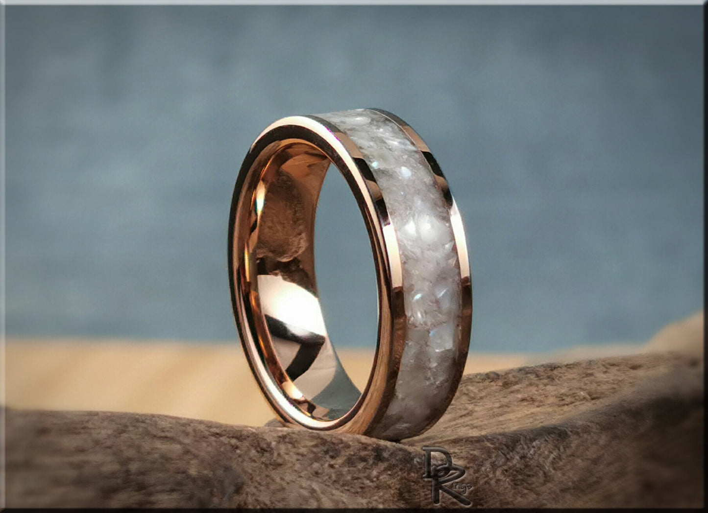 Rose Gold Plated Tungsten Carbide Channel Ring w/Freshwater Pearl inlay - metal ring
