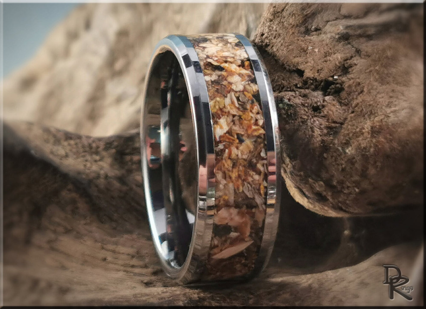 Tungsten Carbide Channel Ring w/Fossilised Megalodon Shark Tooth inlay - metal ring