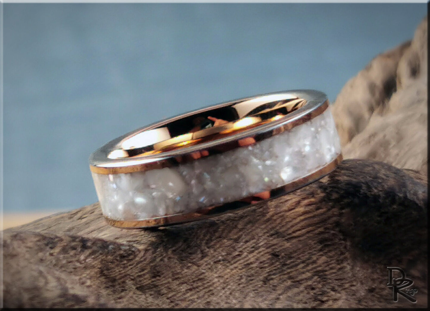 Rose Gold Plated Tungsten Carbide Channel Ring w/Freshwater Pearl inlay - metal ring