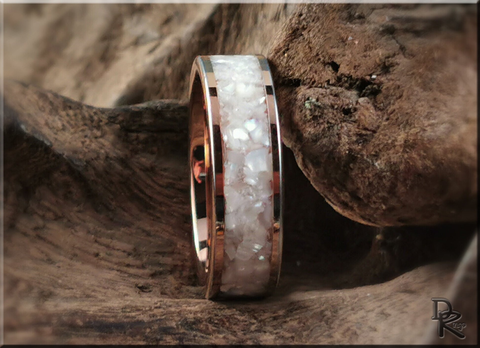 Rose Gold Plated Tungsten Carbide Channel Ring w/Freshwater Pearl inlay - metal ring