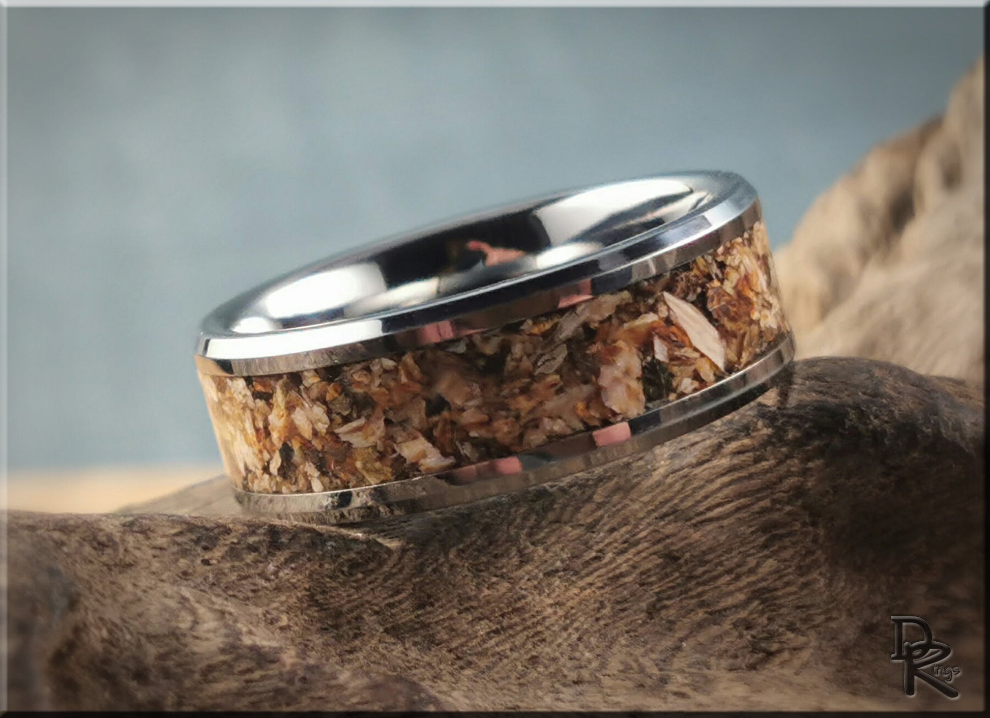 Tungsten Carbide Channel Ring w/Fossilised Megalodon Shark Tooth inlay - metal ring