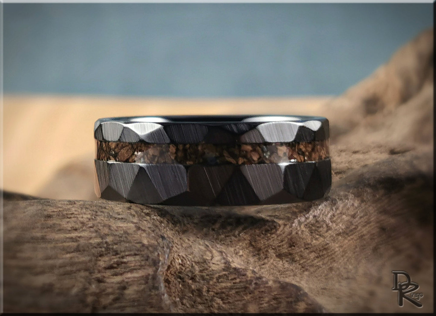 Hammered Black Ceramic Ring w/offset Dino Bone inlay - 8mm ceramic ring