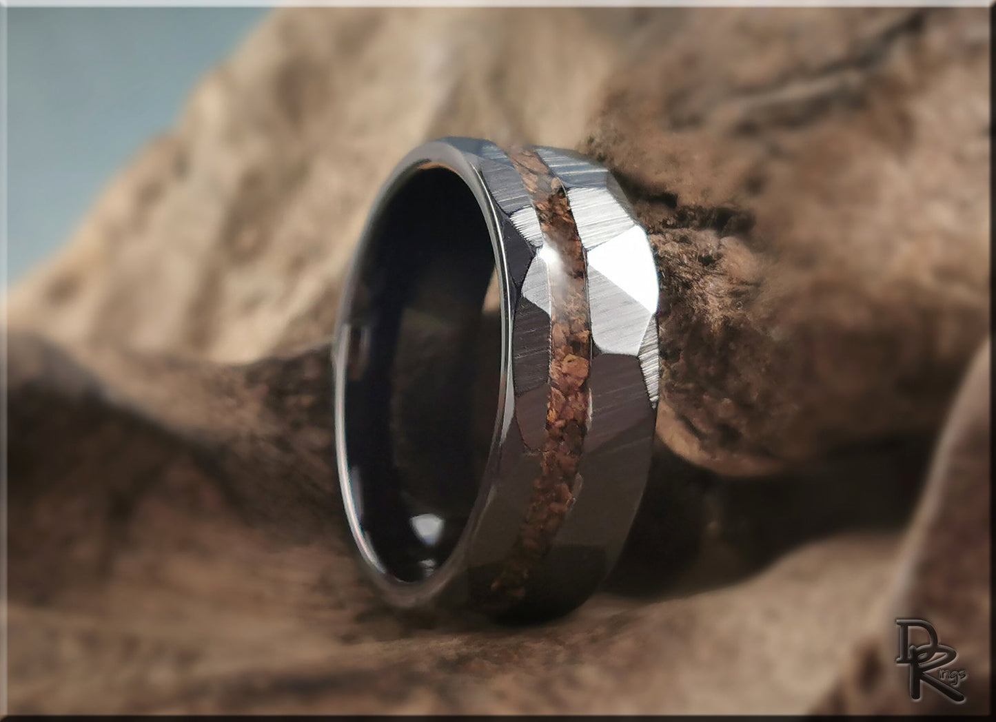 Hammered Black Ceramic Ring w/offset Dino Bone inlay - 8mm ceramic ring