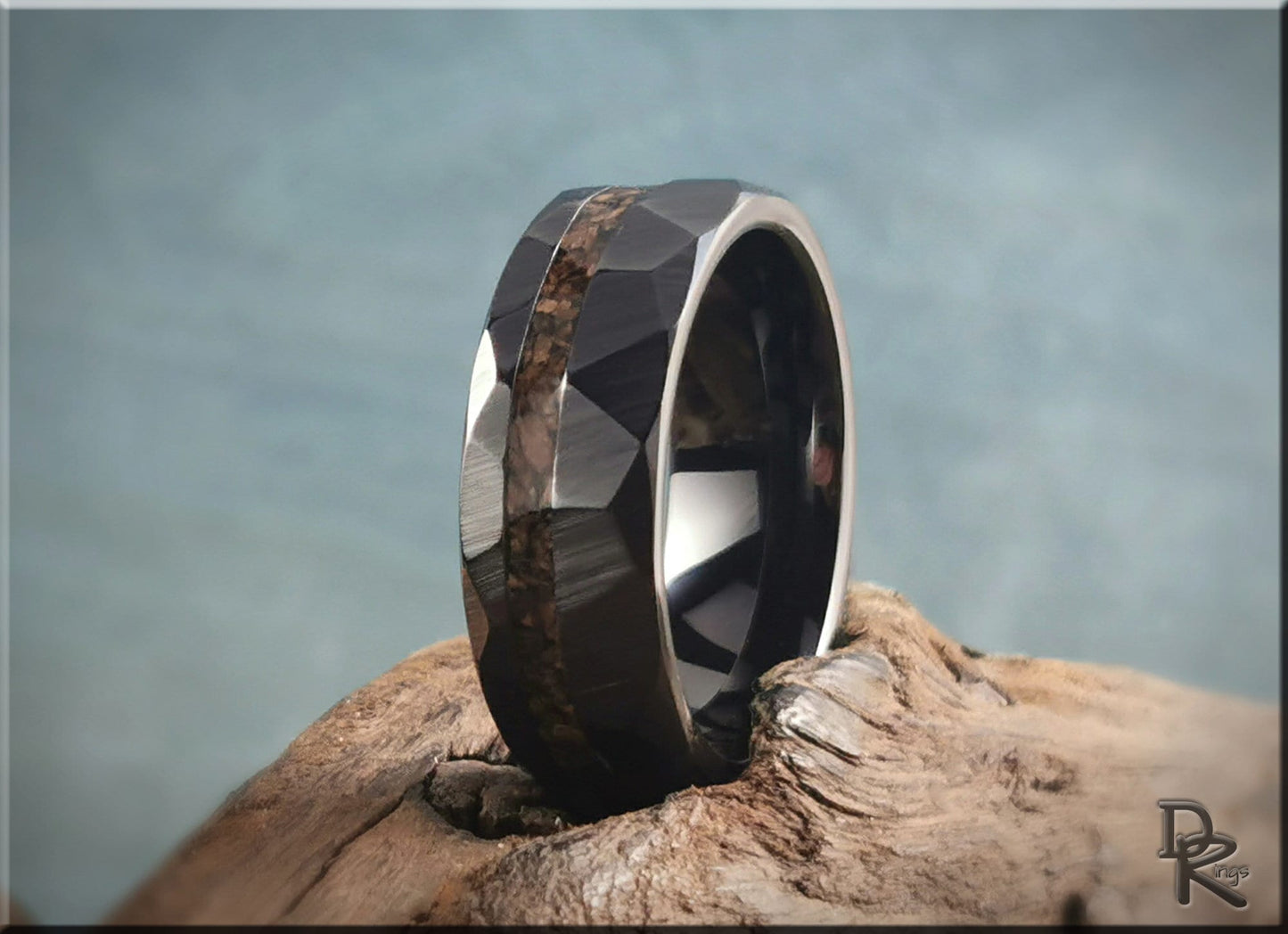 Hammered Black Ceramic Ring w/offset Dino Bone inlay - 8mm ceramic ring