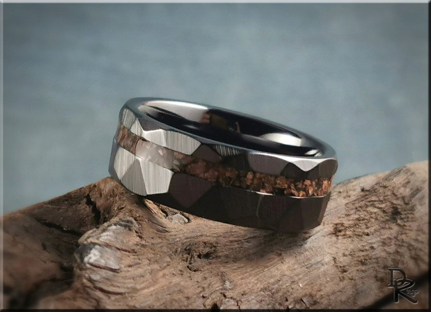Hammered Black Ceramic Ring w/offset Dino Bone inlay - 8mm ceramic ring