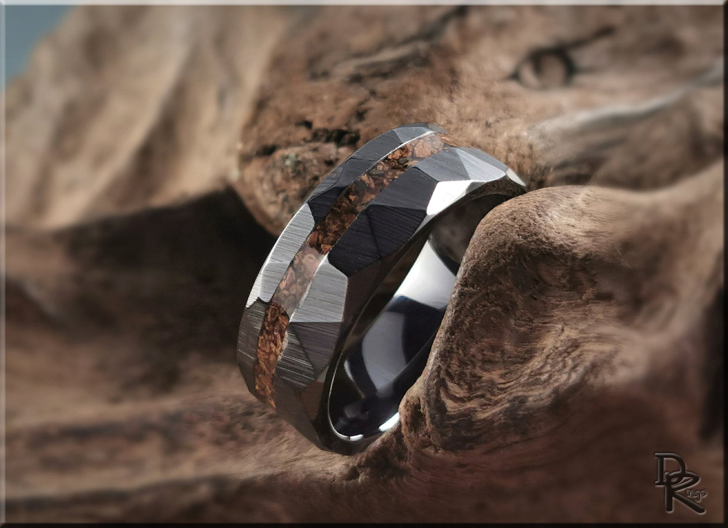 Hammered Black Ceramic Ring w/offset Dino Bone inlay - 8mm ceramic ring