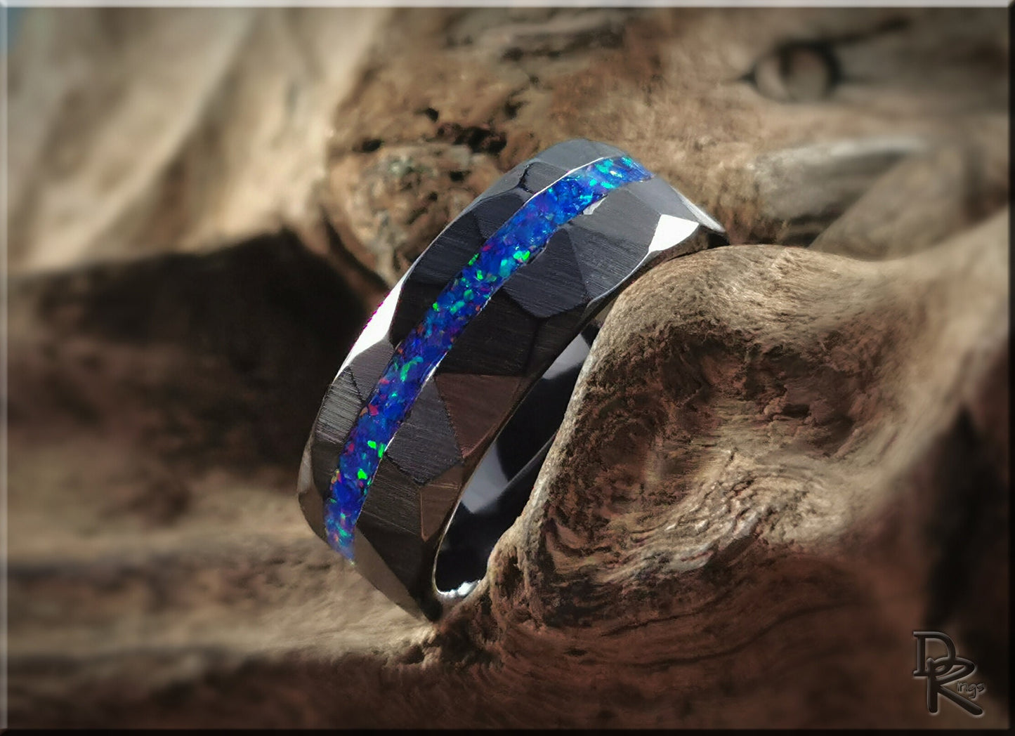 Hammered Black Ceramic Ring w/offset Opal inlay - 8mm ceramic ring