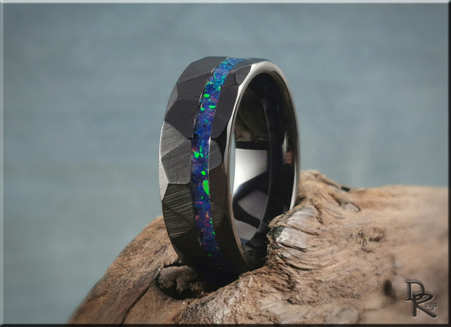 Hammered Black Ceramic Ring w/offset Opal inlay - 8mm ceramic ring