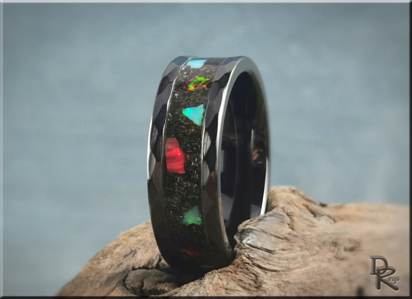 Hammered Black Ceramic 8mm Channel Ring w/Muonionalusta Meteorite and Chunky Opal inlay - ceramic ring