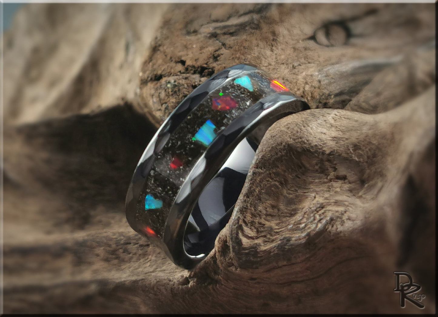 Hammered Black Ceramic 8mm Channel Ring w/Muonionalusta Meteorite and Chunky Opal inlay - ceramic ring