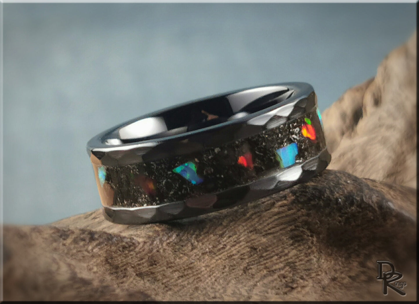 Hammered Black Ceramic 8mm Channel Ring w/Muonionalusta Meteorite and Chunky Opal inlay - ceramic ring