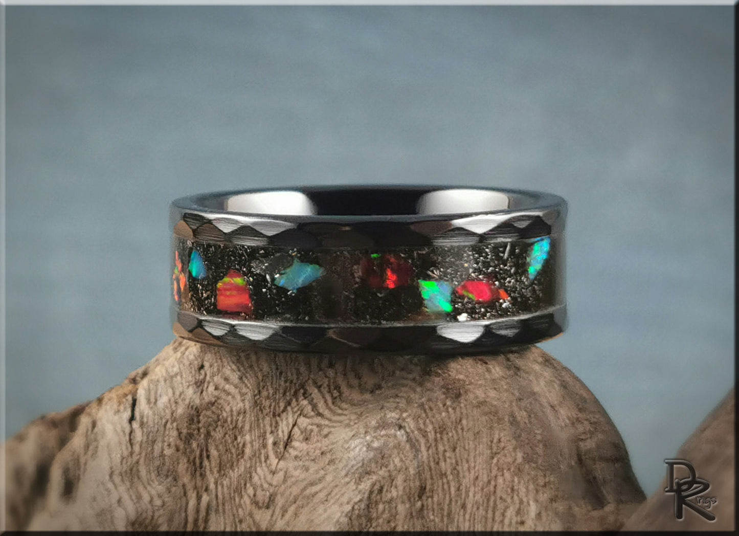 Hammered Black Ceramic 8mm Channel Ring w/Muonionalusta Meteorite and Chunky Opal inlay - ceramic ring