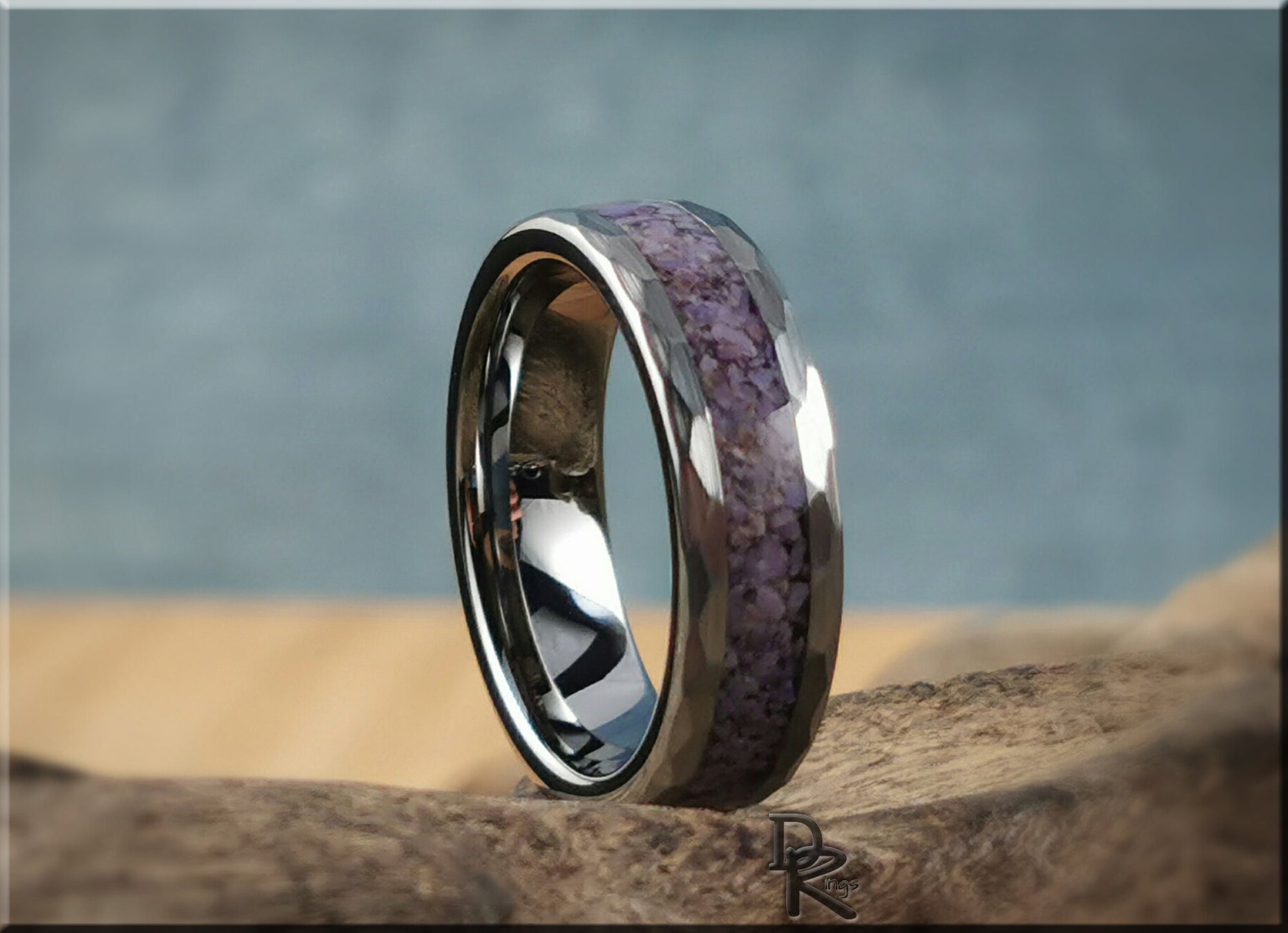 Hammered Tungsten Carbide Channel Ring w/Turkish Purple Jade inlay - metal ring
