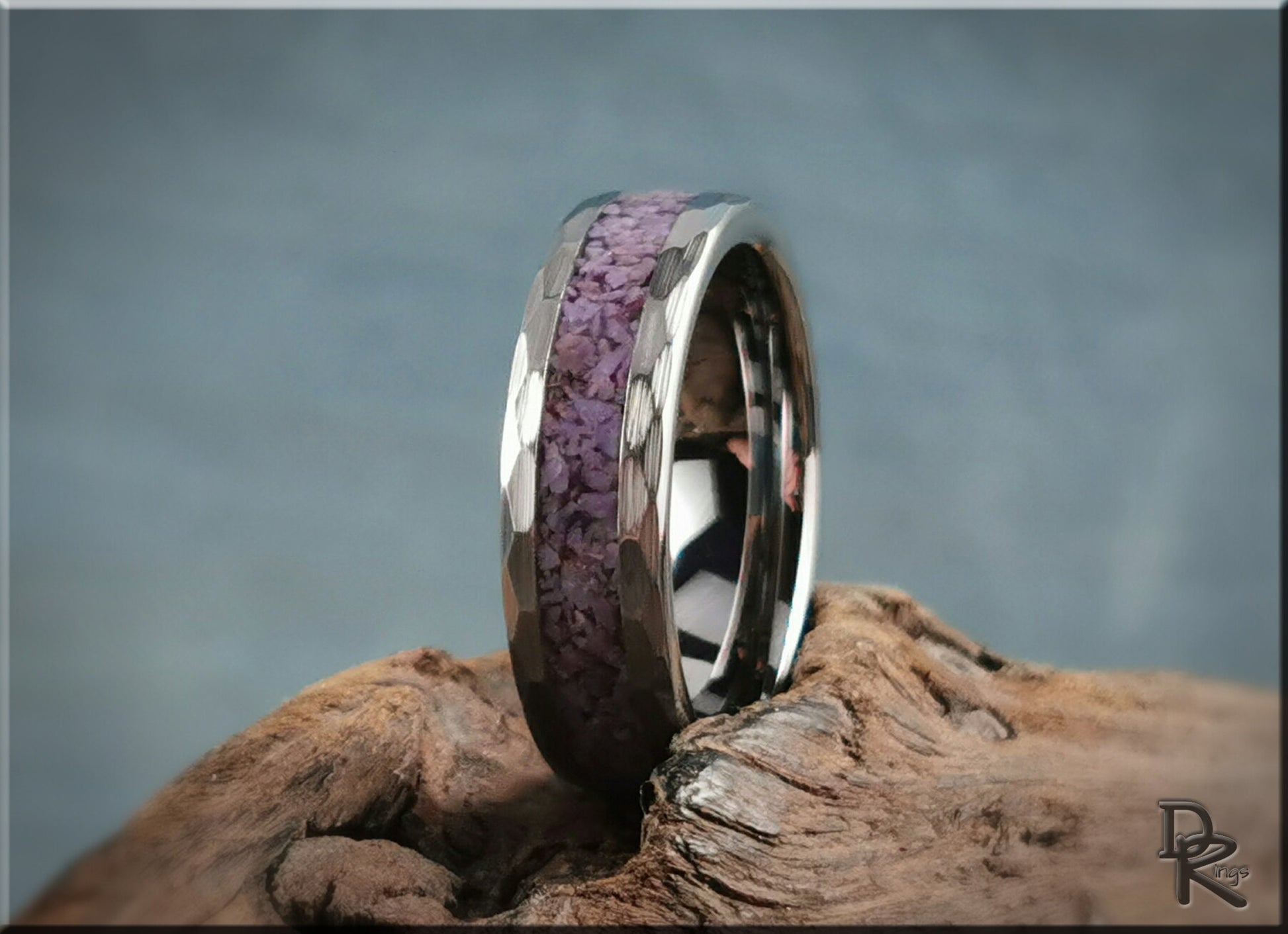 Hammered Tungsten Carbide Channel Ring w/Turkish Purple Jade inlay - metal ring
