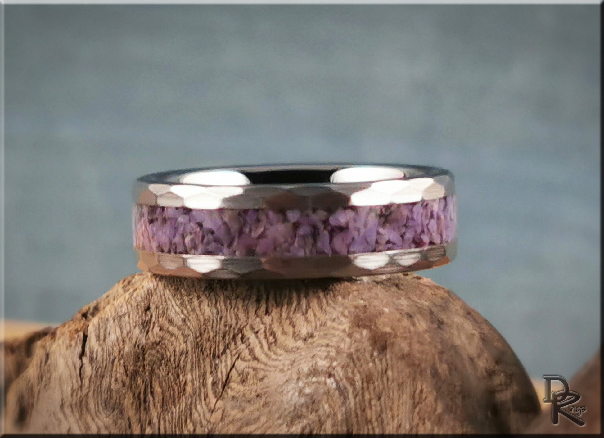 Hammered Tungsten Carbide Channel Ring w/Turkish Purple Jade inlay - metal ring