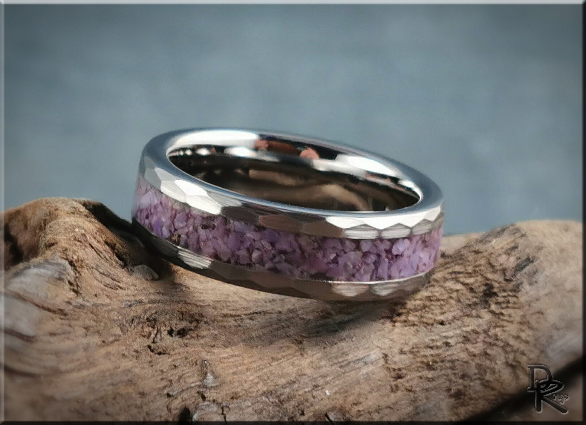 Hammered Tungsten Carbide Channel Ring w/Turkish Purple Jade inlay - metal ring