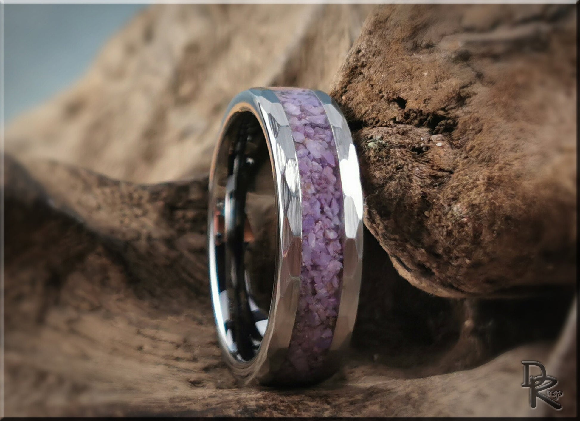 Hammered Tungsten Carbide Channel Ring w/Turkish Purple Jade inlay - metal ring