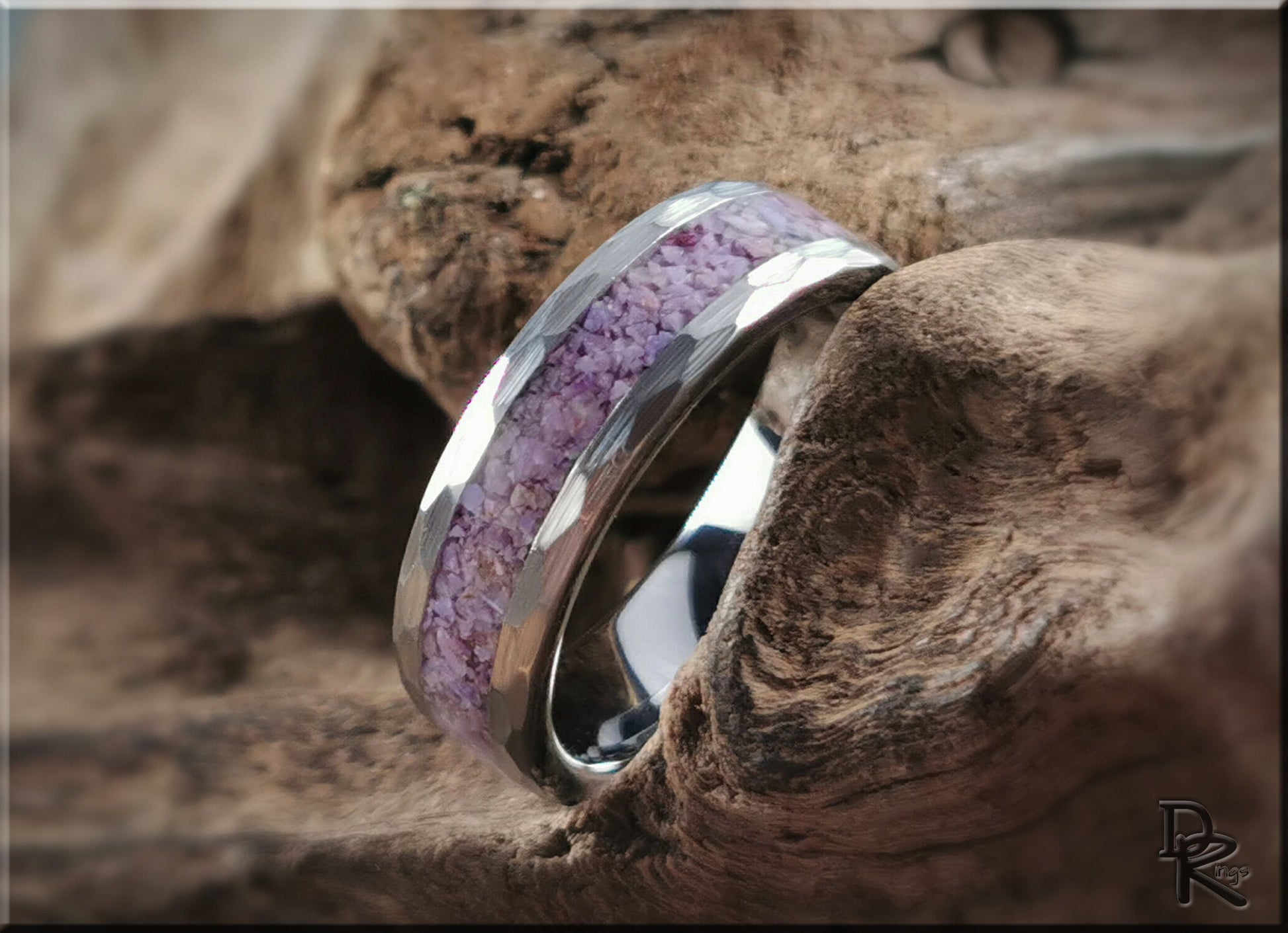 Hammered Tungsten Carbide Channel Ring w/Turkish Purple Jade inlay - metal ring