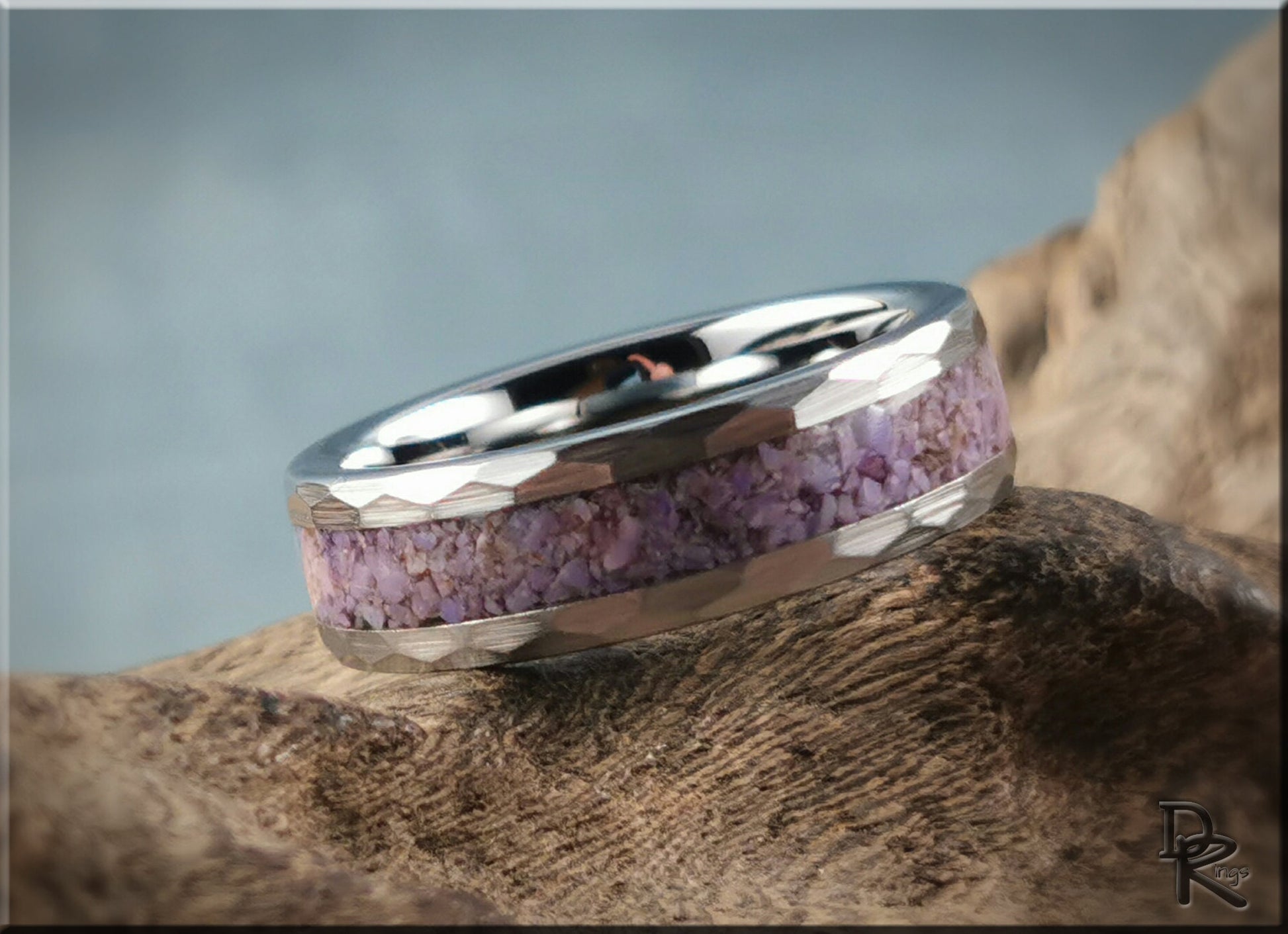 Hammered Tungsten Carbide Channel Ring w/Turkish Purple Jade inlay - metal ring