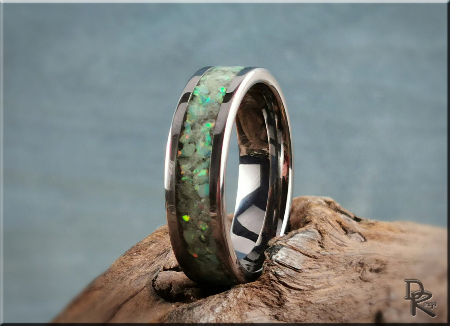 Tungsten Carbide Channel Ring w/Opal and Glow inlay - metal ring