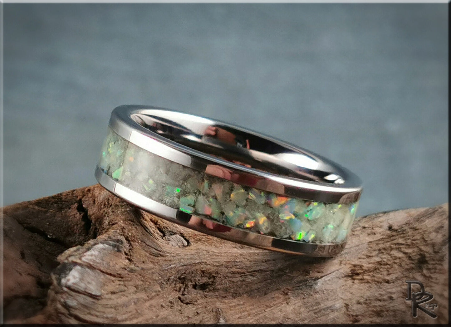 Tungsten Carbide Channel Ring w/Opal and Glow inlay - metal ring