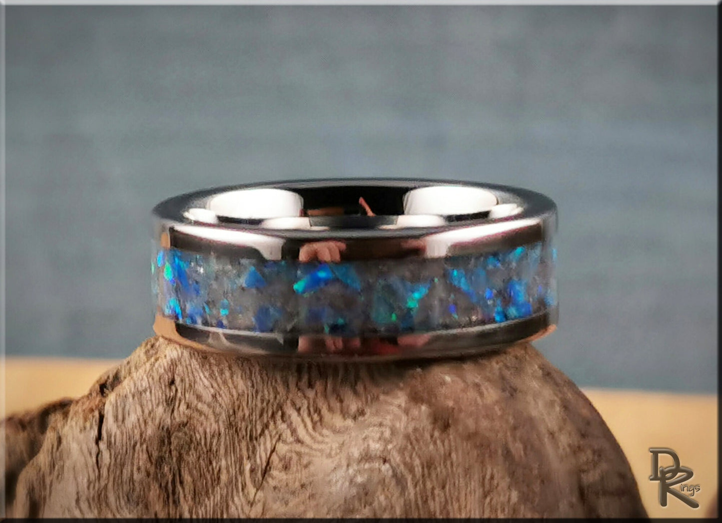 Tungsten Carbide Channel Ring w/Opal and Glow inlay - metal ring