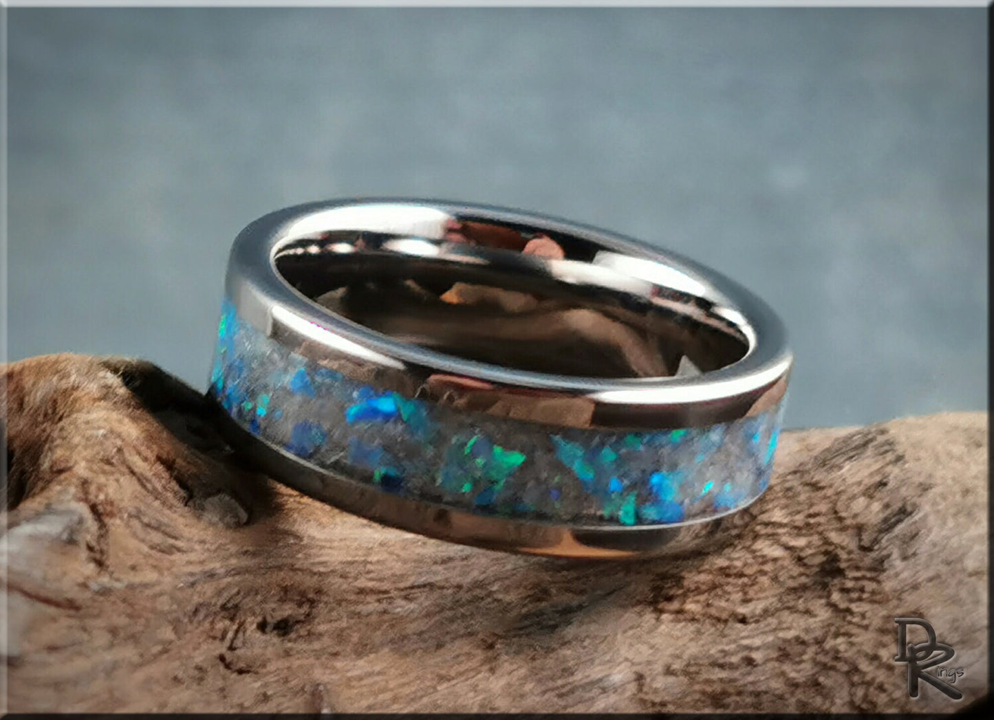 Tungsten Carbide Channel Ring w/Opal and Glow inlay - metal ring
