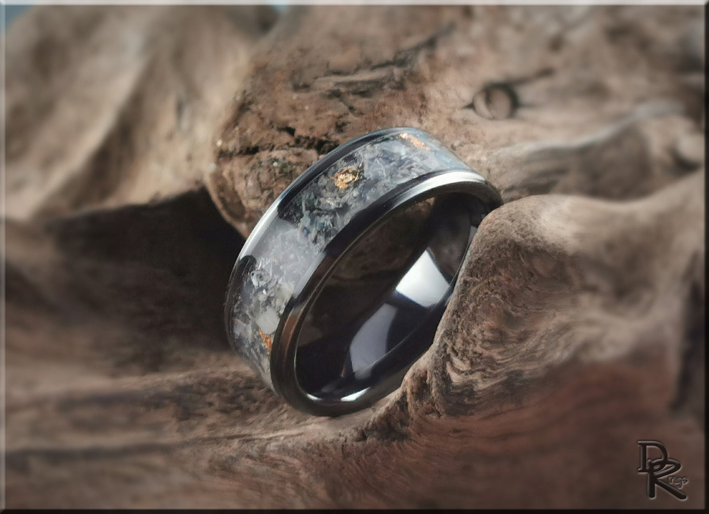 Polished Black Ceramic Channel Ring w/Moonstone and Antique Gold foil inlay - ceramic ring