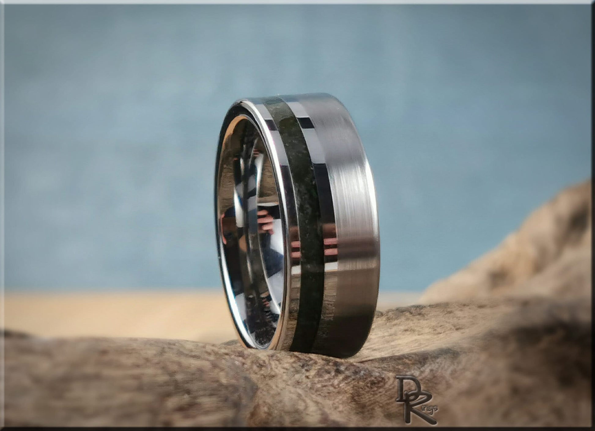 Tungsten Carbide Channel Ring w/offset Moss Agate stone inlay - metal ring