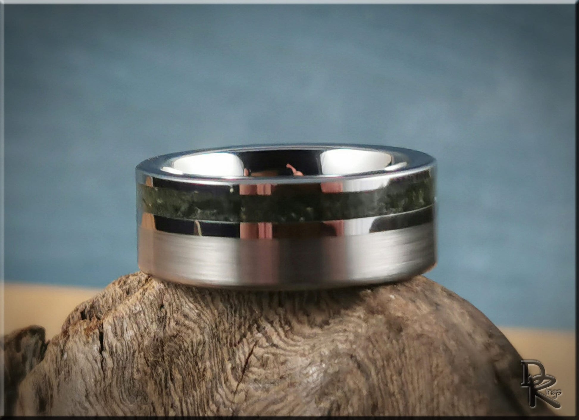 Tungsten Carbide Channel Ring w/offset Moss Agate stone inlay - metal ring