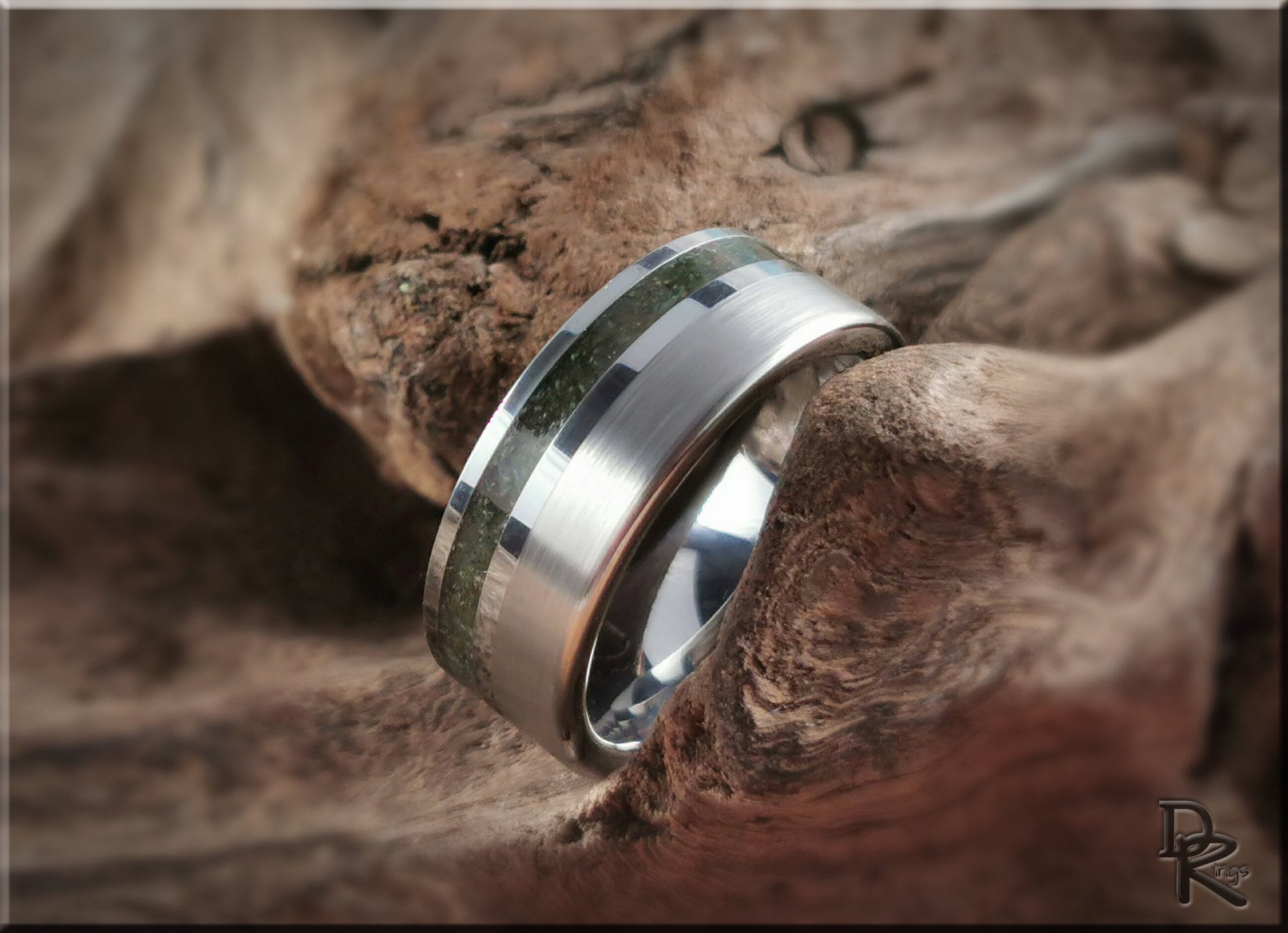 Tungsten Carbide Channel Ring w/offset Moss Agate stone inlay - metal ring