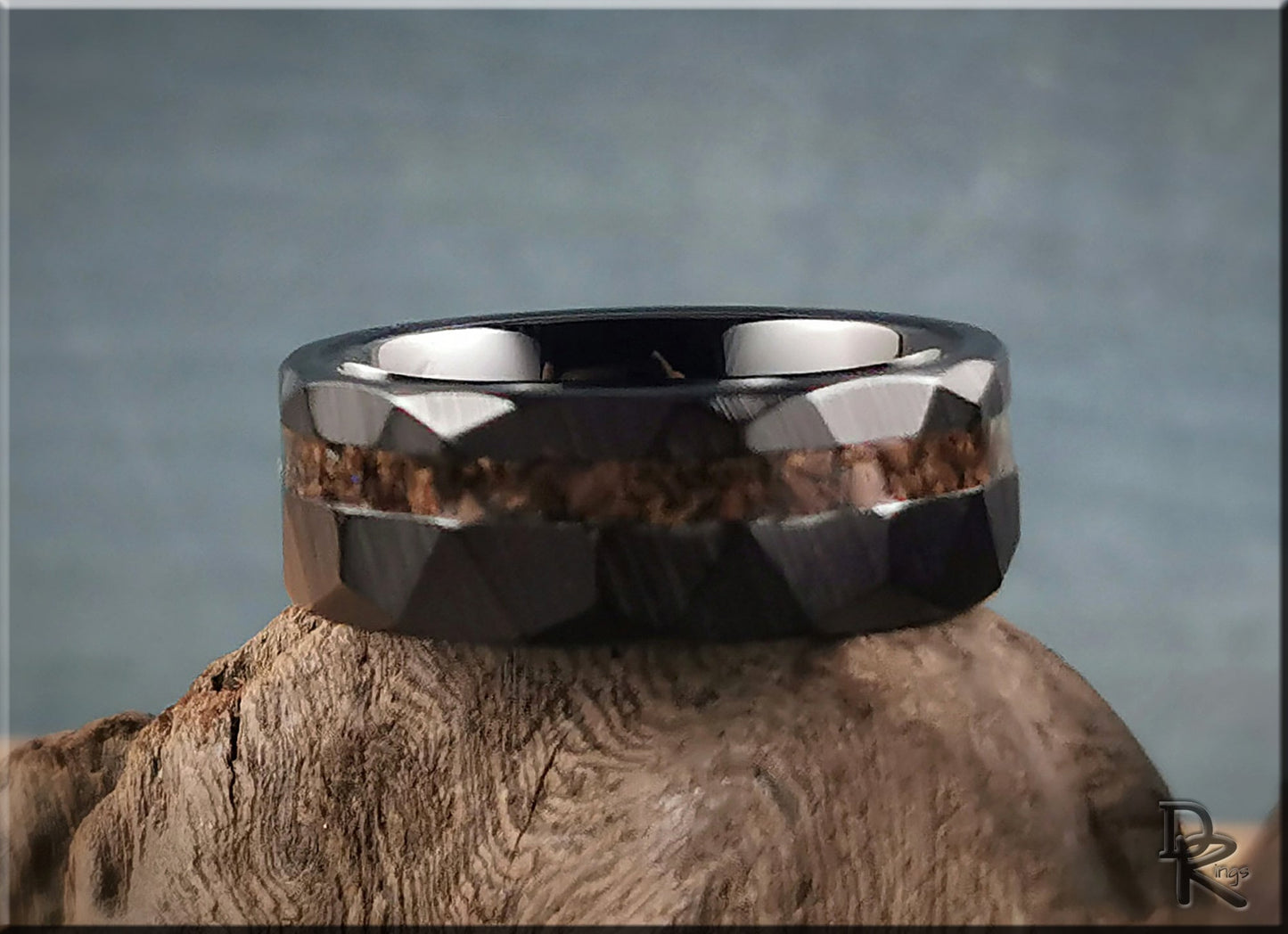 Hammered Black Ceramic Ring w/offset Dino Bone inlay - 8mm ceramic ring