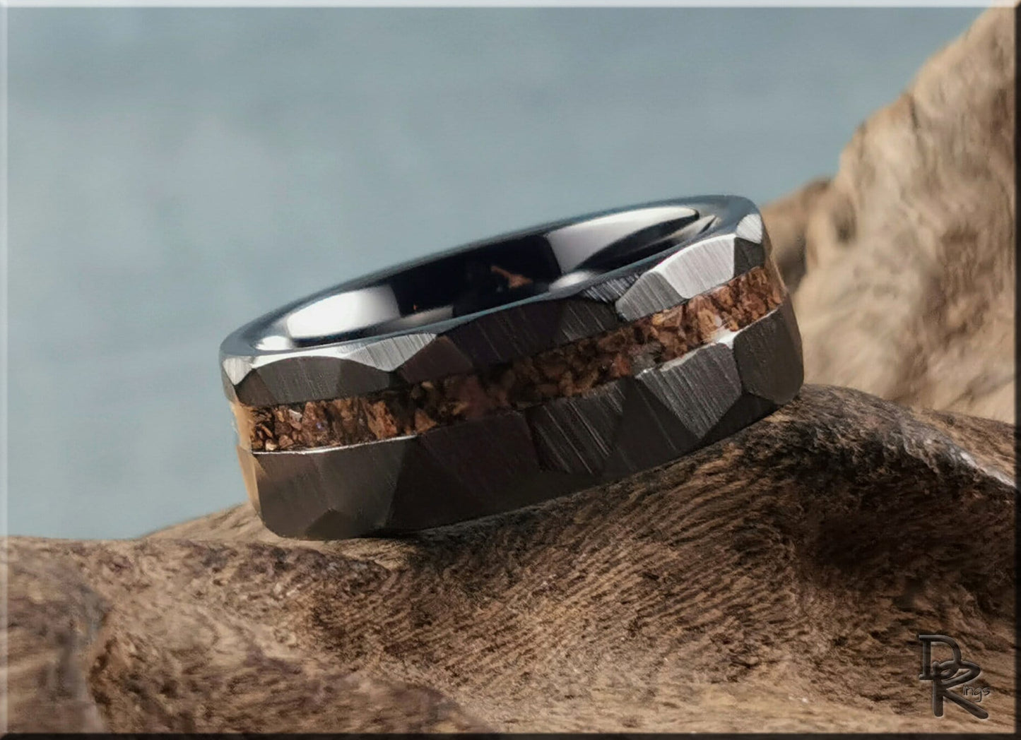 Hammered Black Ceramic Ring w/offset Dino Bone inlay - 8mm ceramic ring