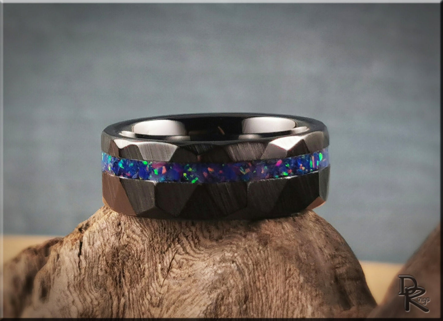 Hammered Black Ceramic Ring w/offset Opal inlay - 8mm ceramic ring