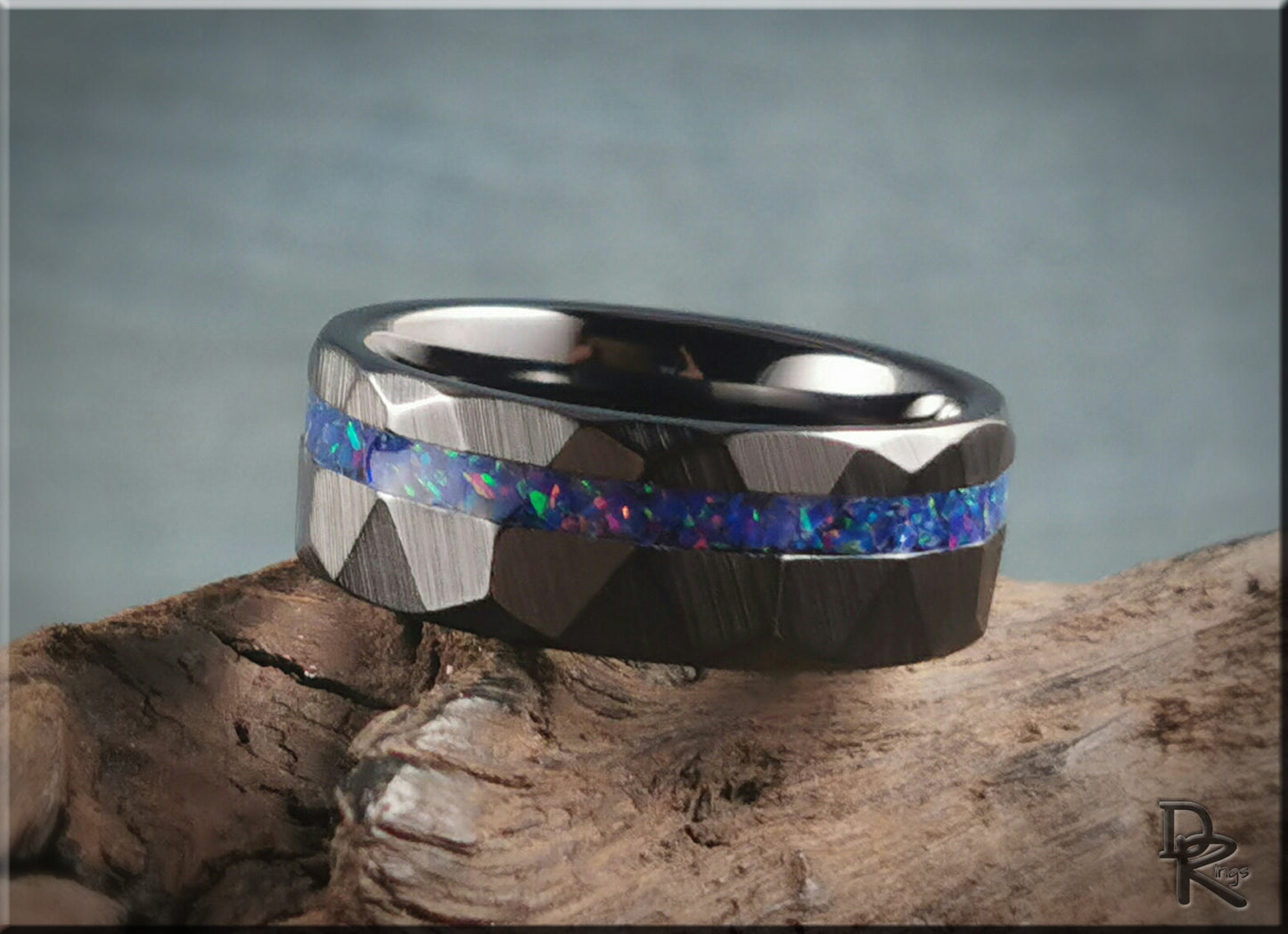 Hammered Black Ceramic Ring w/offset Opal inlay - 8mm ceramic ring