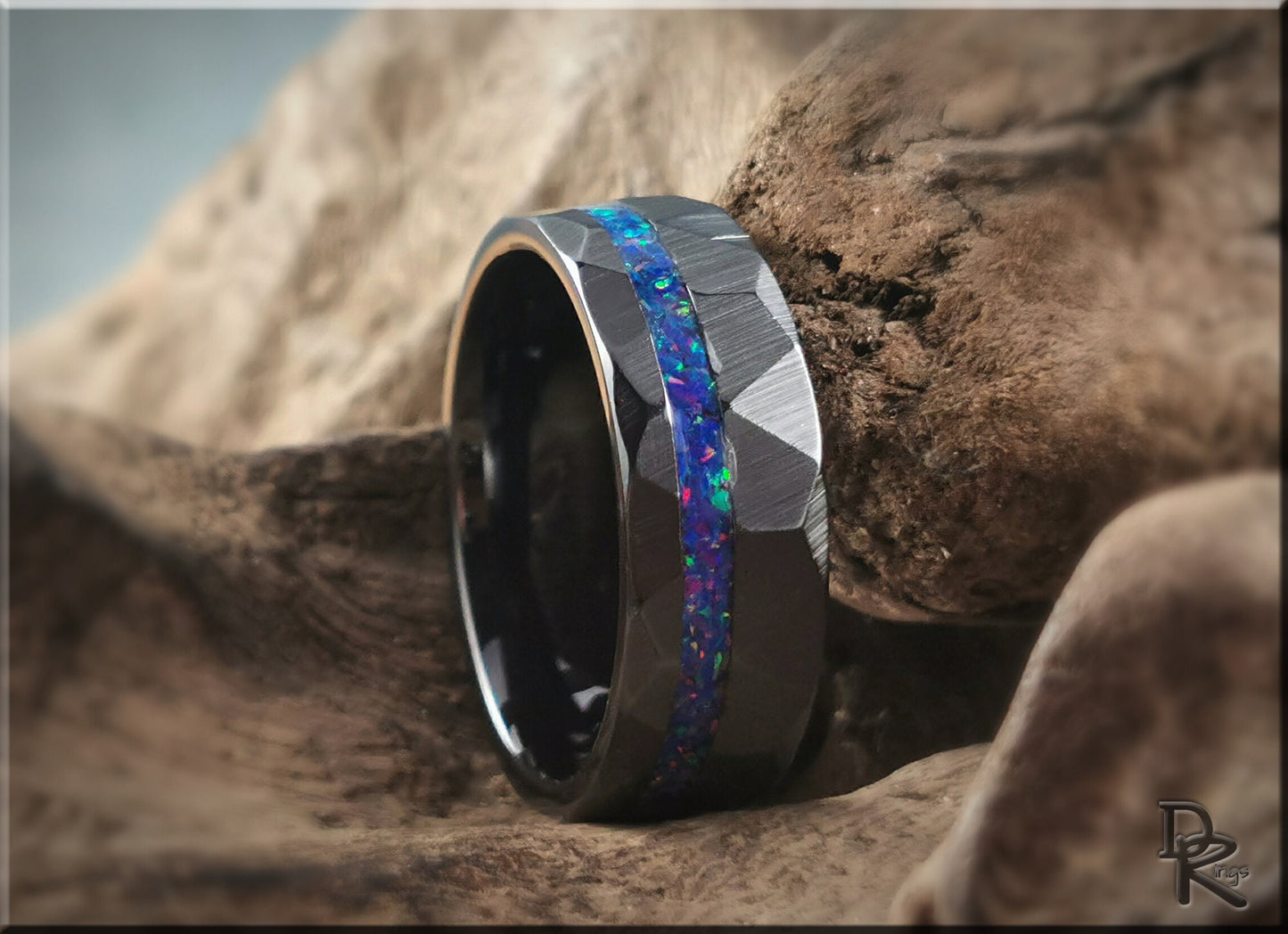 Hammered Black Ceramic Ring w/offset Opal inlay - 8mm ceramic ring