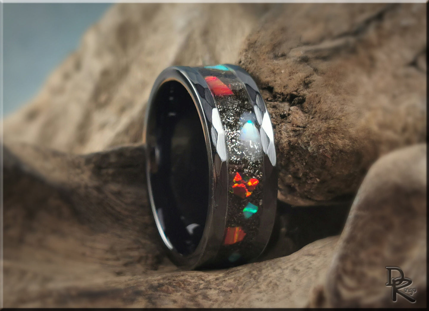Hammered Black Ceramic 8mm Channel Ring w/Muonionalusta Meteorite and Chunky Opal inlay - ceramic ring