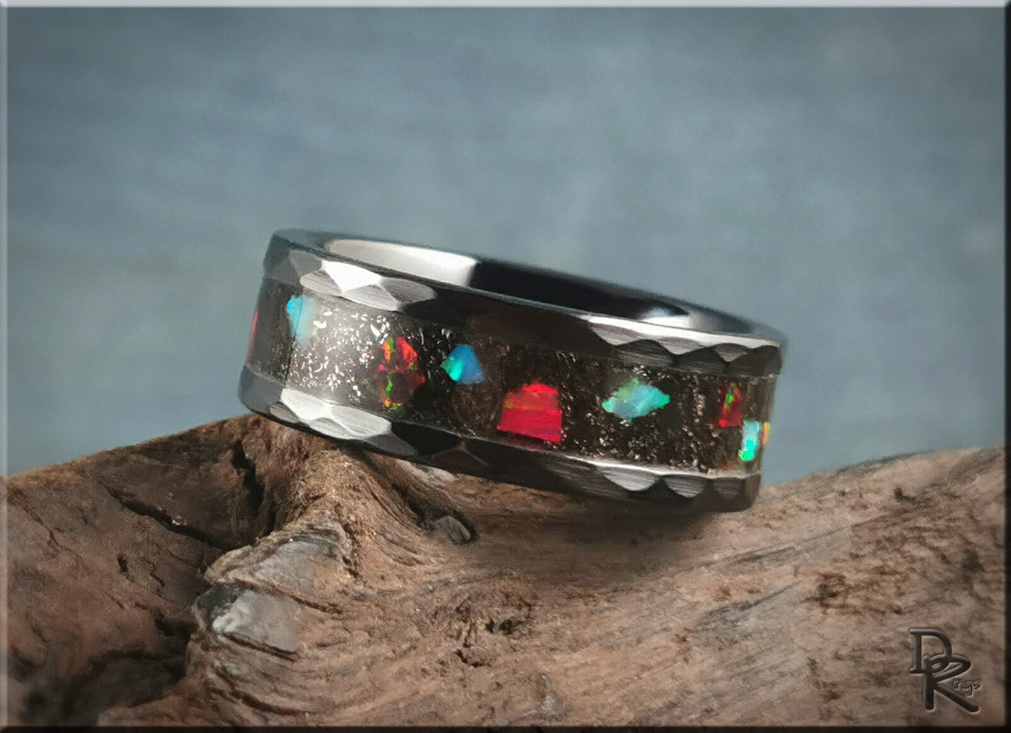 Hammered Black Ceramic 8mm Channel Ring w/Muonionalusta Meteorite and Chunky Opal inlay - ceramic ring