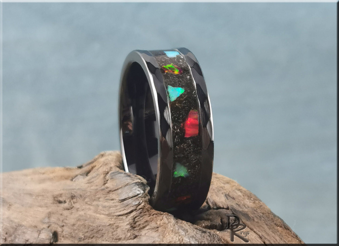 Hammered Black Ceramic 8mm Channel Ring w/Muonionalusta Meteorite and Chunky Opal inlay - ceramic ring