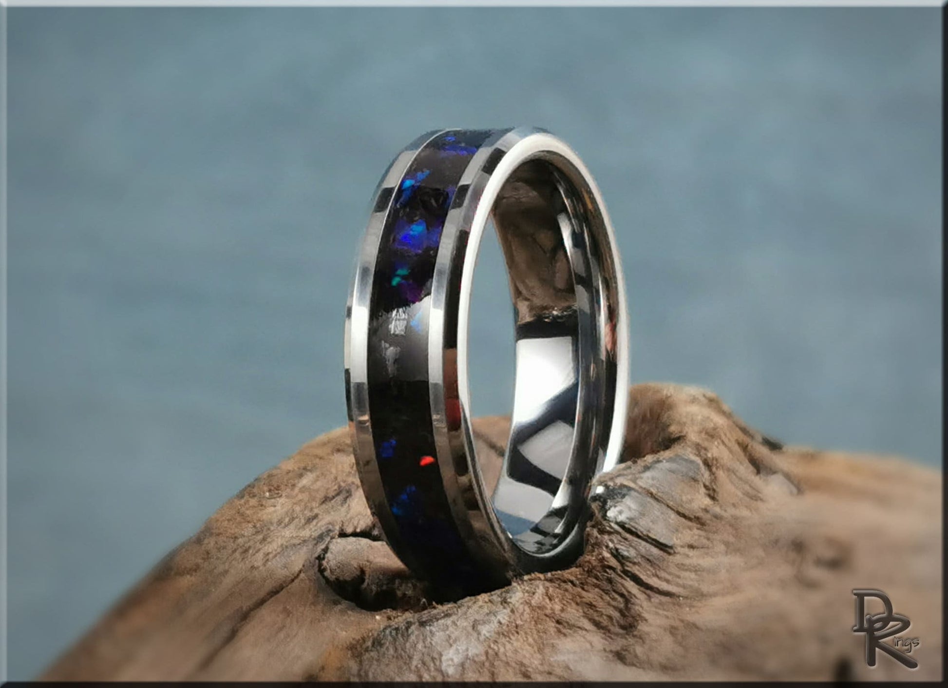 Tungsten Carbide Channel Ring w/Purpurite and Opal inlay - metal ring