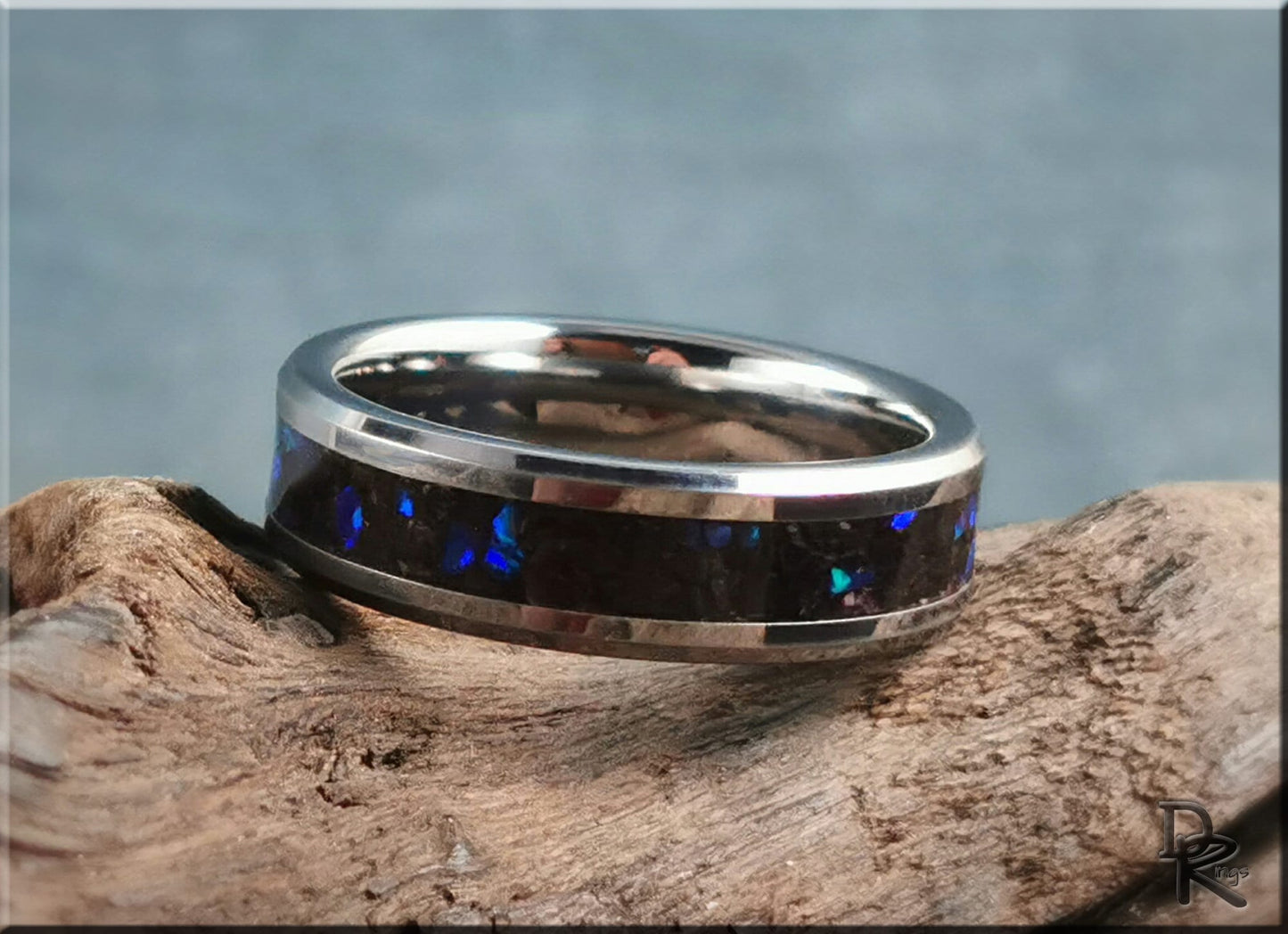Tungsten Carbide Channel Ring w/Purpurite and Opal inlay - metal ring