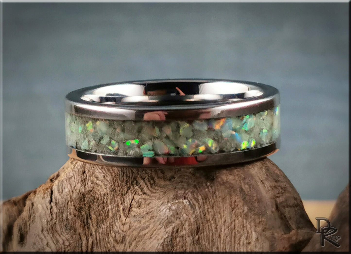 Tungsten Carbide Channel Ring w/Opal and Glow inlay - metal ring
