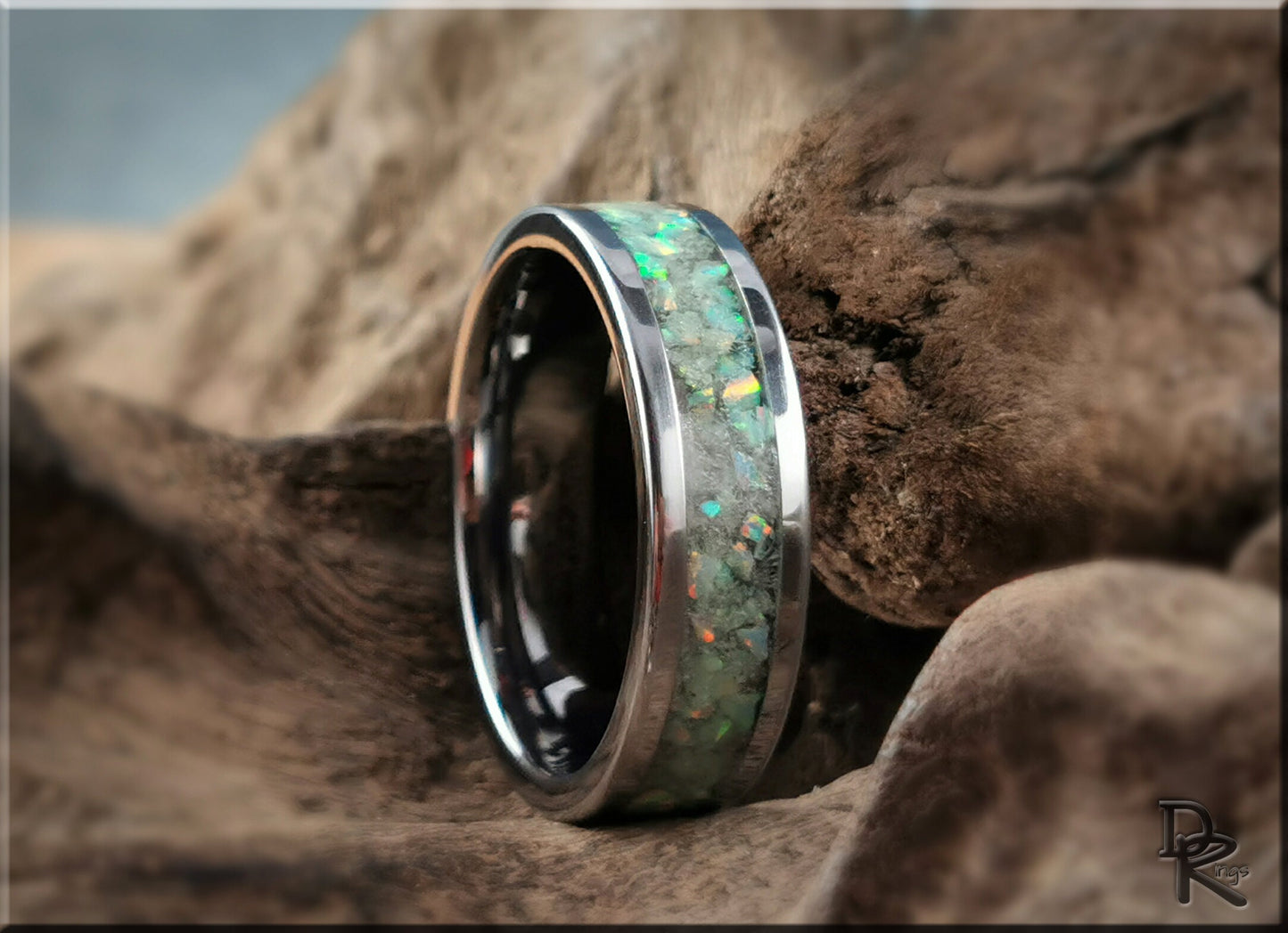 Tungsten Carbide Channel Ring w/Opal and Glow inlay - metal ring