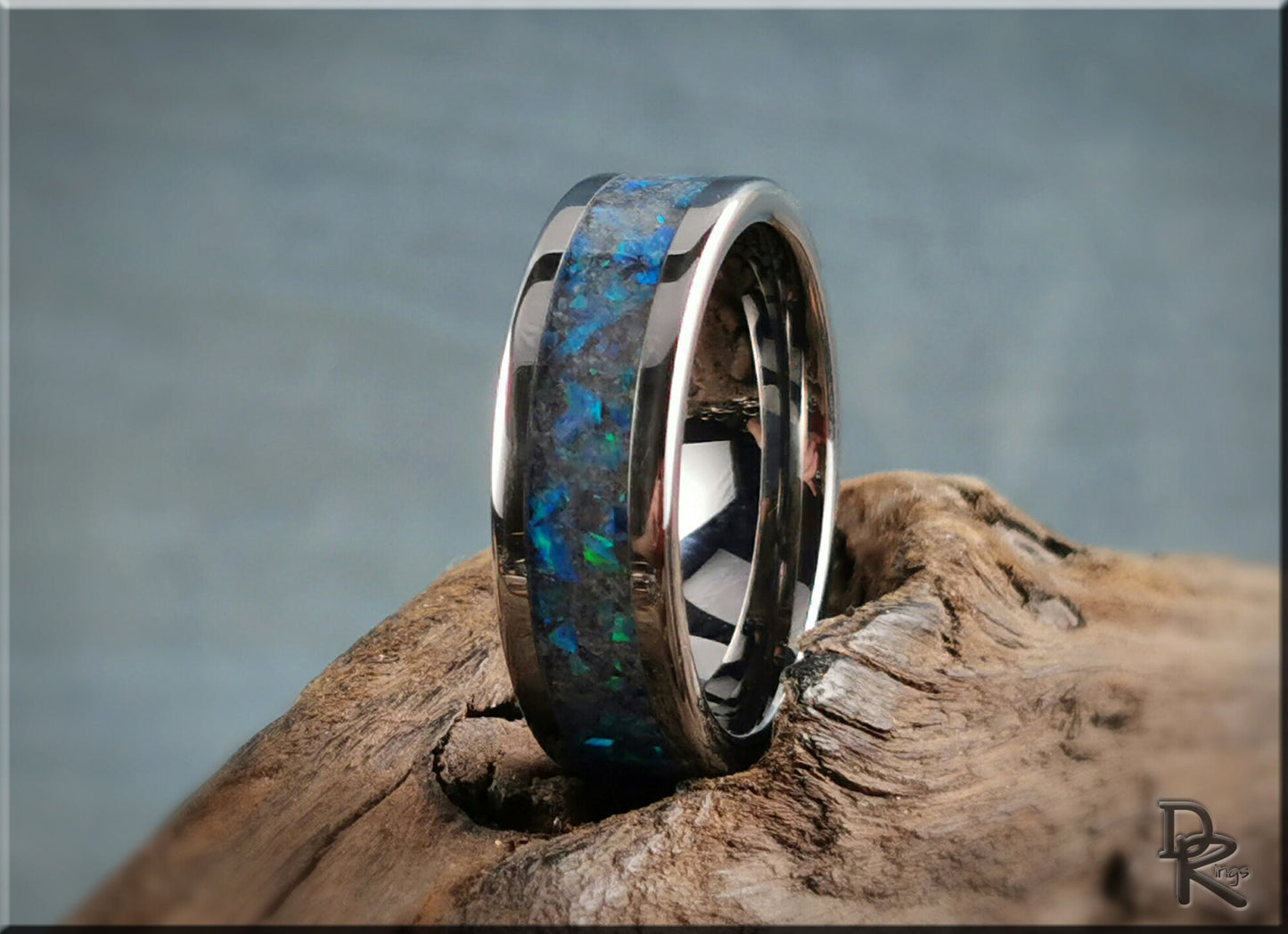Tungsten Carbide Channel Ring w/Opal and Glow inlay - metal ring